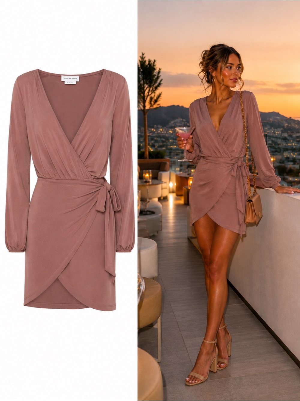Lovers + Friends Emmy Dress NWT Mauve Wrap Tie Size Medium Mini Dress Revolve